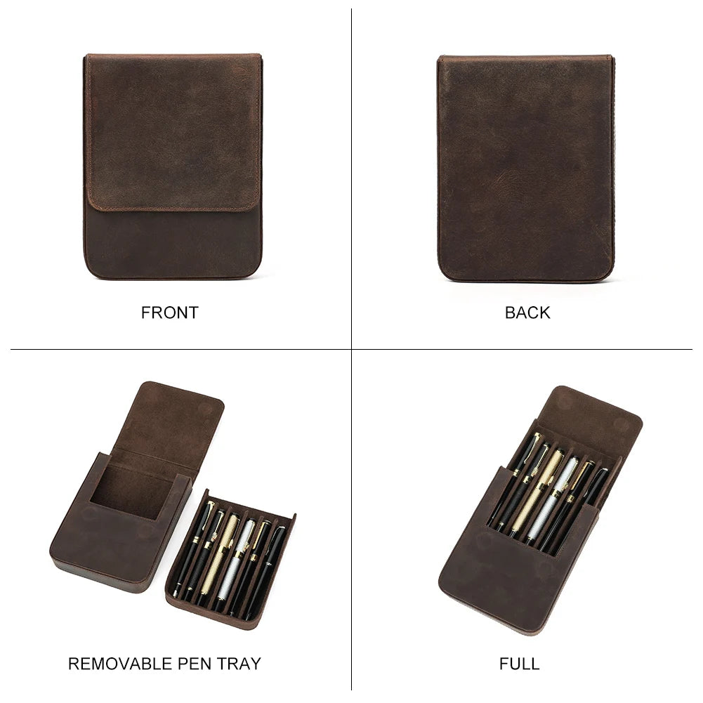 CONTACT'S FAMILY Handmade Fountain Pen Case Genuine Leather Holder Pencil Pouch Retro Pen Box Organizer School Office Men Women