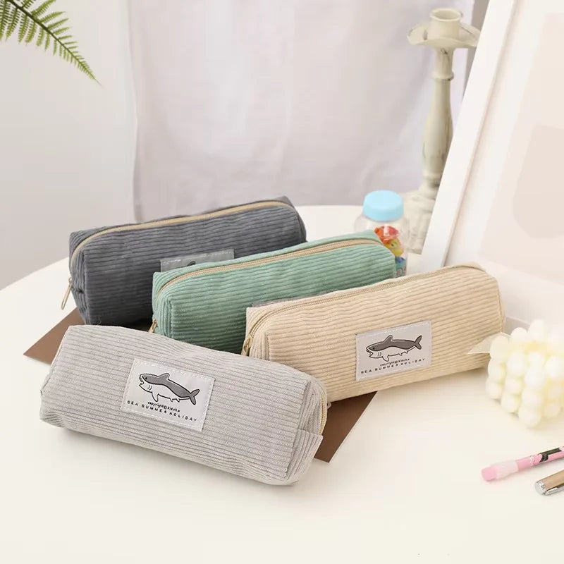 LUSQI Creative Cartoon Shark Corduroy Pencil Case Stain-Resistant Student Pencil Case Unisex Large Capacity Stationery Case