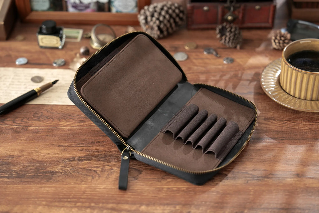 Genuine Leather Fountain Pen Holder Case with Divider, Large Capacity Pencil Pouch Pen Bag for 10 Pens, for Students Stationery