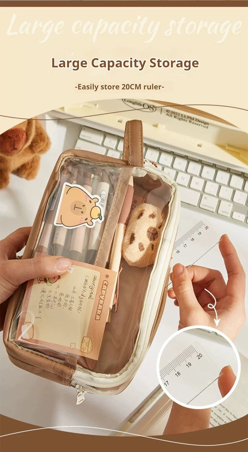 Kawaii Large Capacity Transparent Pencil Pouch with Handle Capybara Portable School Stationery Bag Set for Kids Back to School