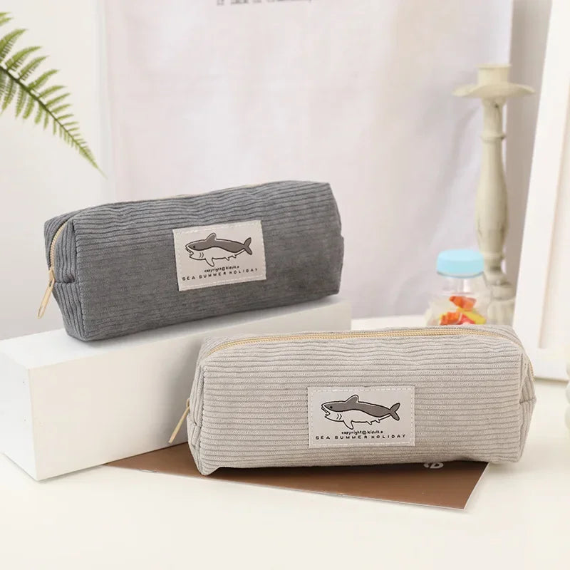 LUSQI Creative Cartoon Shark Corduroy Pencil Case Stain-Resistant Student Pencil Case Unisex Large Capacity Stationery Case