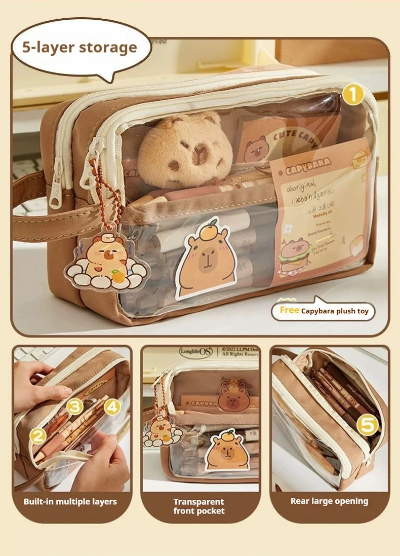 Kawaii Large Capacity Transparent Pencil Pouch with Handle Capybara Portable School Stationery Bag Set for Kids Back to School