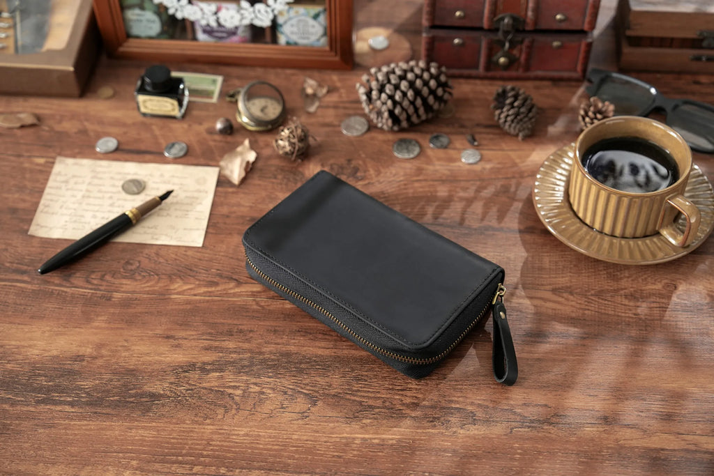 Genuine Leather Fountain Pen Holder Case with Divider, Large Capacity Pencil Pouch Pen Bag for 10 Pens, for Students Stationery
