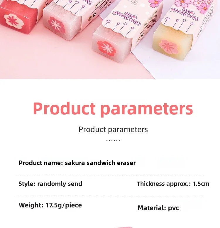 Lot Kawaii Cherry Blossom Sandwich Pencil Eraser Children Cute Less Debris Rubber Sakura Slice Erasers School Stationery