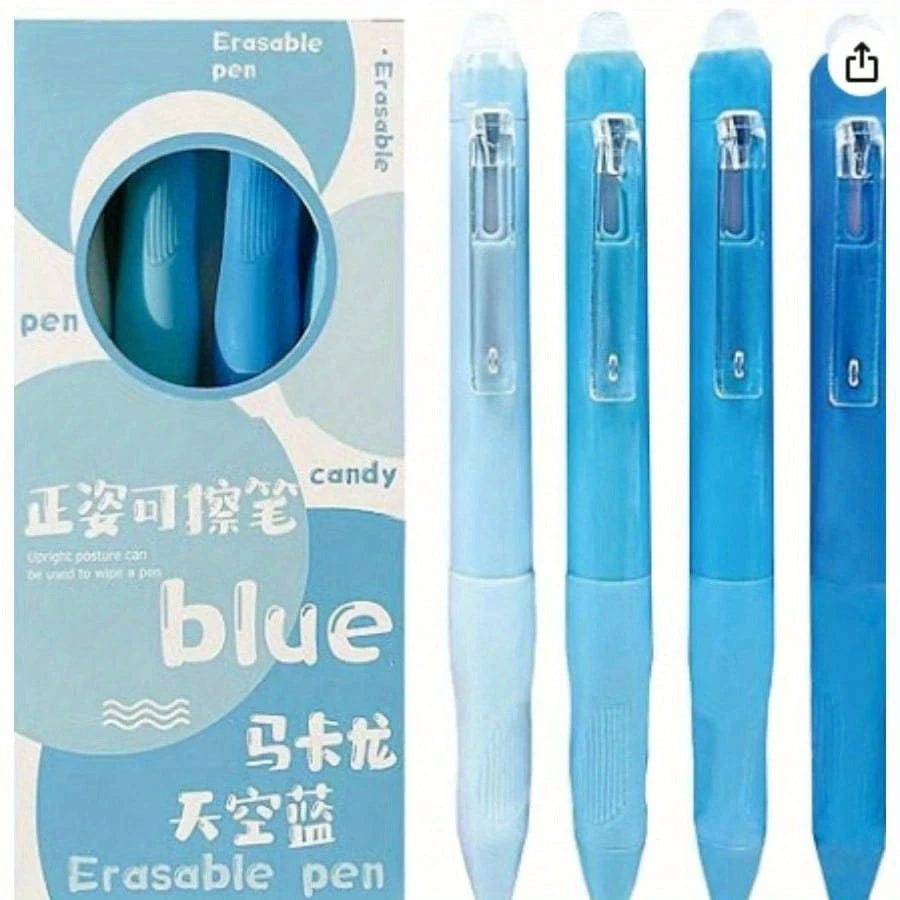 4-Pack Erasable Ballpoint Pen Set – 0.5mm Fine Point, Blue Ink, Quick-Drying & Smooth, 2 Styles for Office, School, Journaling