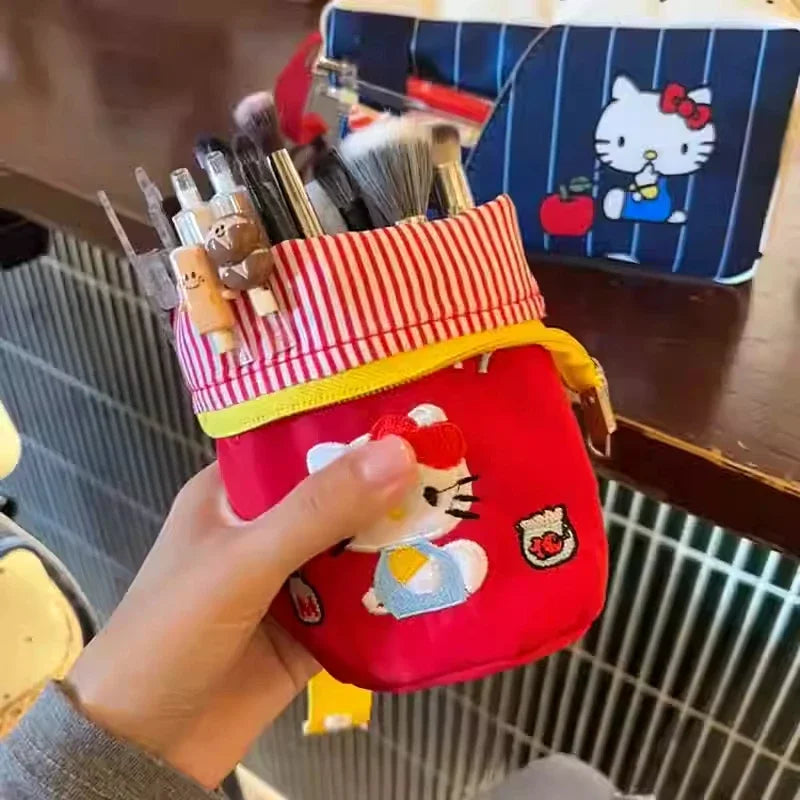 Hello Kitty Embroidery Pen Case Large Capacity Water Bucket Design Foldable Portable Pencil Bag For School College Students