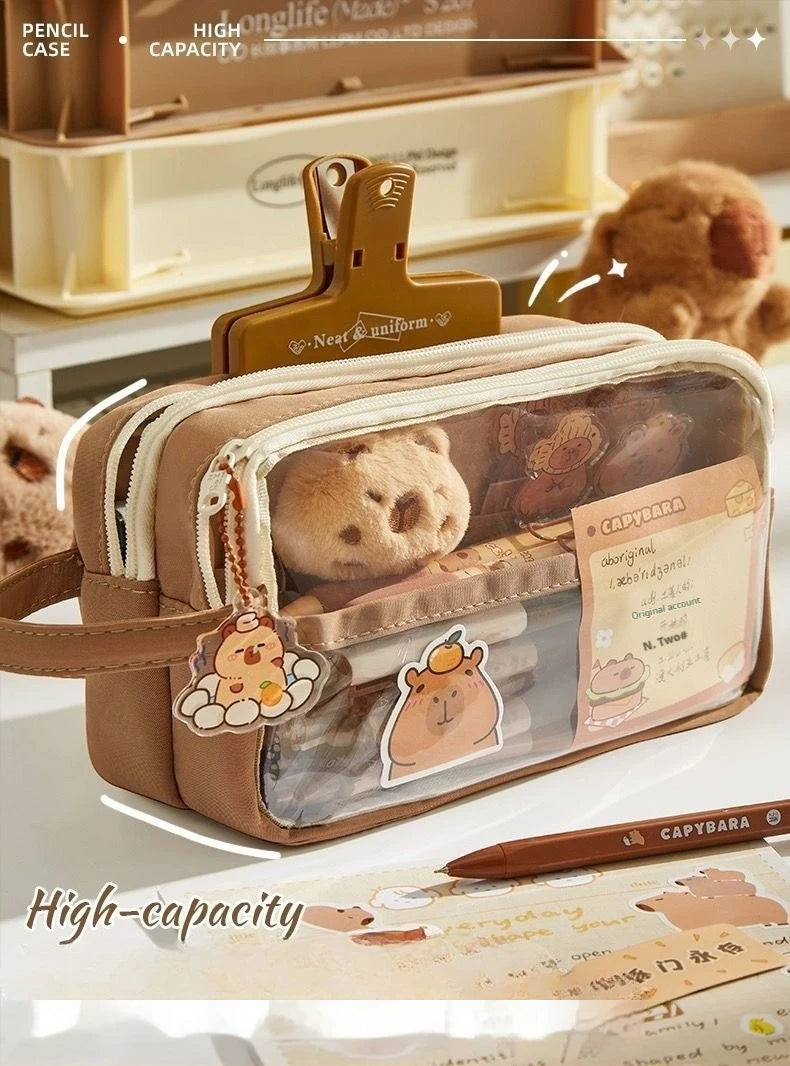 Kawaii Large Capacity Transparent Pencil Pouch with Handle Capybara Portable School Stationery Bag Set for Kids Back to School