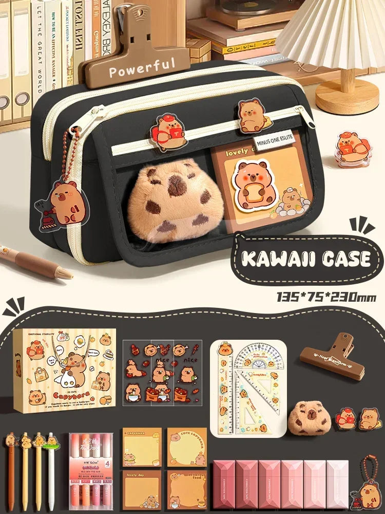 Large Capacity Pencil Bag Capybara Cartoon Canvas Stationery Holder Bag With Brooches stickers clips keychains Children Pen Case