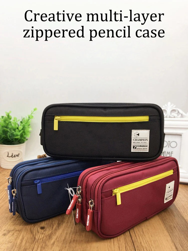 Pencil Case with 3 Compartments, Canvas Zipper Pencil Pouch, Large Pencil bag, Big Pen Case Pouch Organizer for Adults, Pencil P