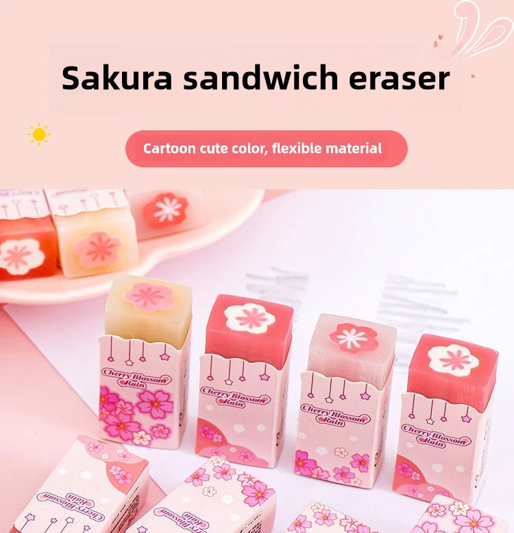 Lot Kawaii Cherry Blossom Sandwich Pencil Eraser Children Cute Less Debris Rubber Sakura Slice Erasers School Stationery