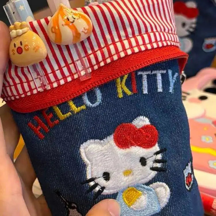 Hello Kitty Embroidery Pen Case Large Capacity Water Bucket Design Foldable Portable Pencil Bag For School College Students