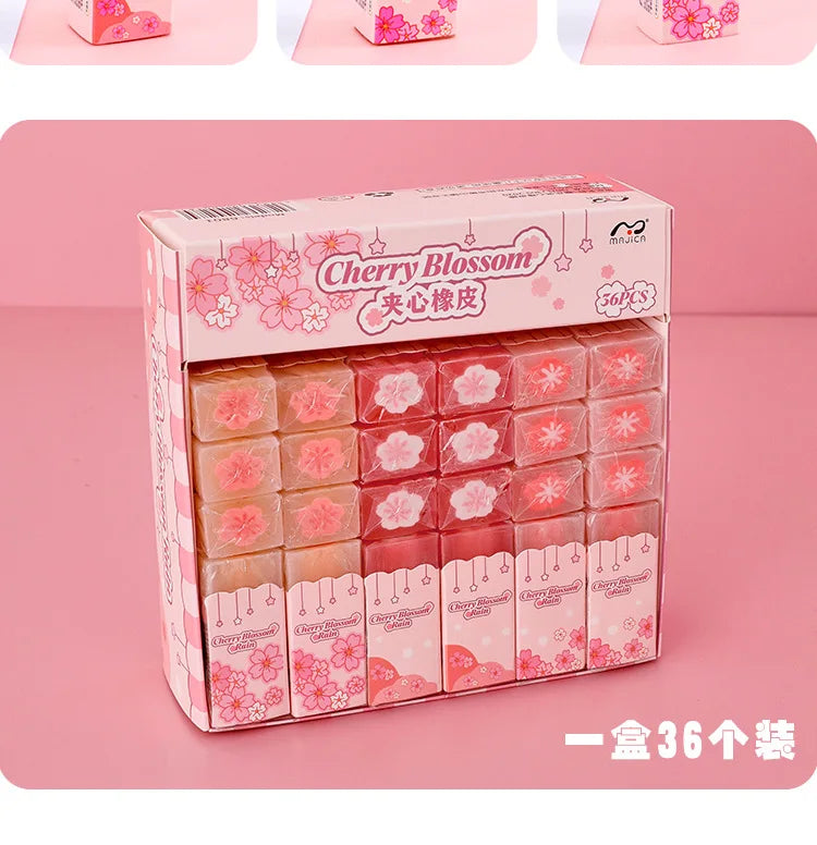 Lot Kawaii Cherry Blossom Sandwich Pencil Eraser Children Cute Less Debris Rubber Sakura Slice Erasers School Stationery