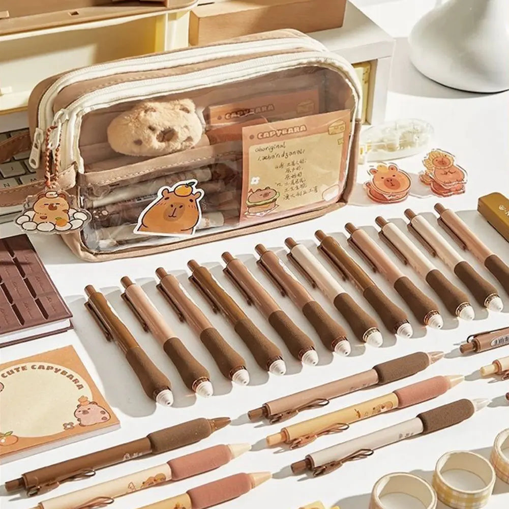 Capybara Kawaii Pencil Case with Compartments Pencil Pouch with Sticker Pendant Stationary Bag for Office School