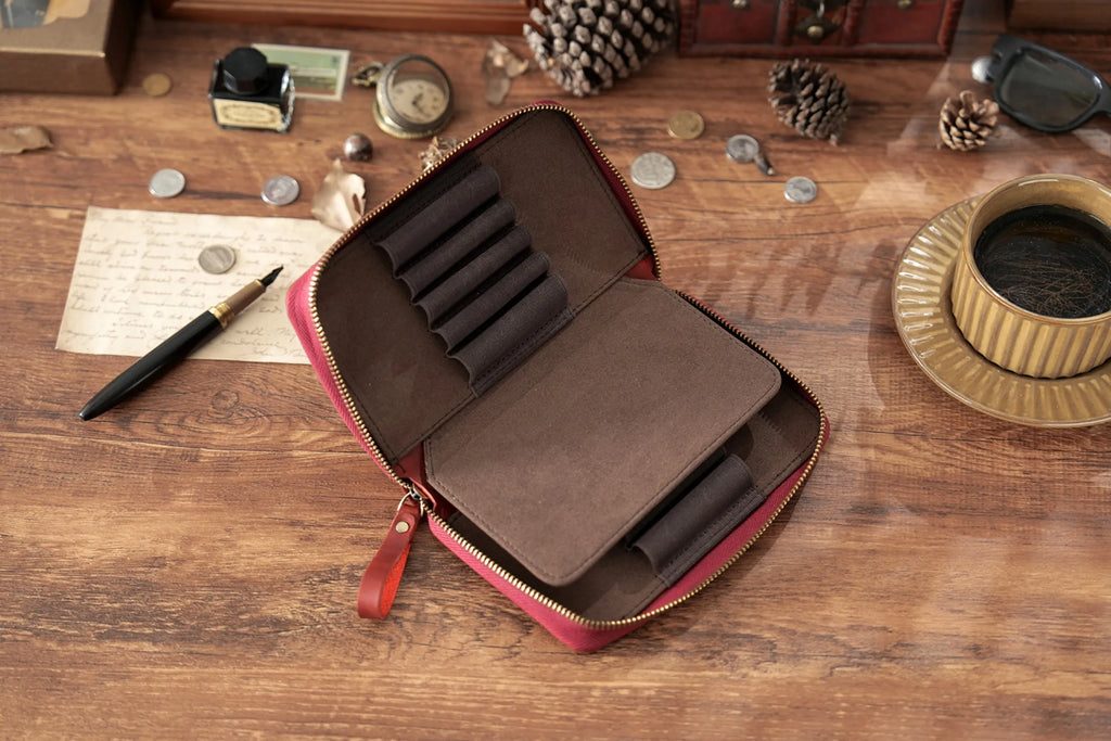 Genuine Leather Fountain Pen Holder Case with Divider, Large Capacity Pencil Pouch Pen Bag for 10 Pens, for Students Stationery