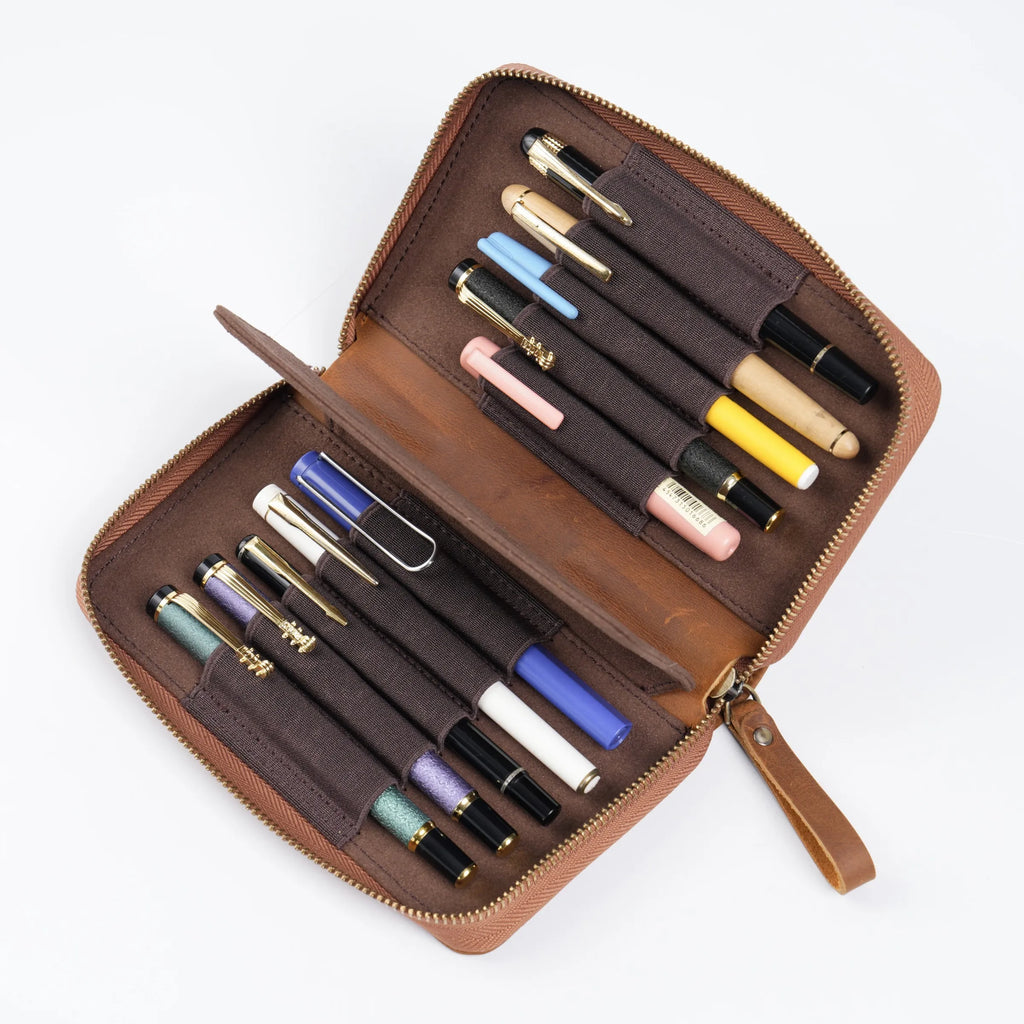 Genuine Leather Fountain Pen Holder Case with Divider, Large Capacity Pencil Pouch Pen Bag for 10 Pens, for Students Stationery