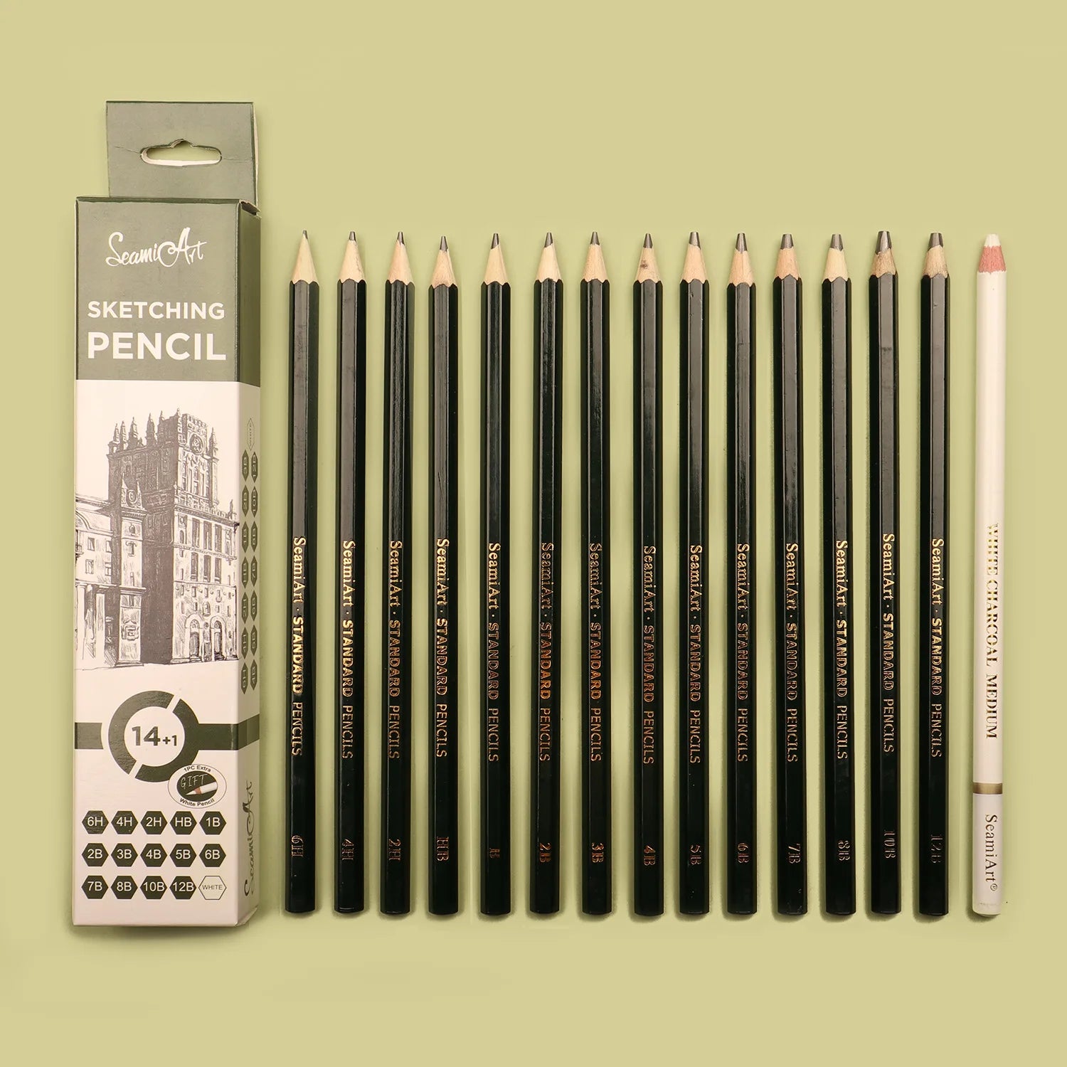 14PCS Sketching Pencil Set (6H–12B) with White Charcoal – Drawing Pencils for Artists, Shading, Sketch, Art Supplies for Kids &