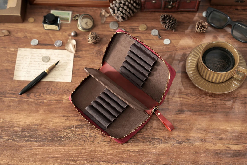 Genuine Leather Fountain Pen Holder Case with Divider, Large Capacity Pencil Pouch Pen Bag for 10 Pens, for Students Stationery