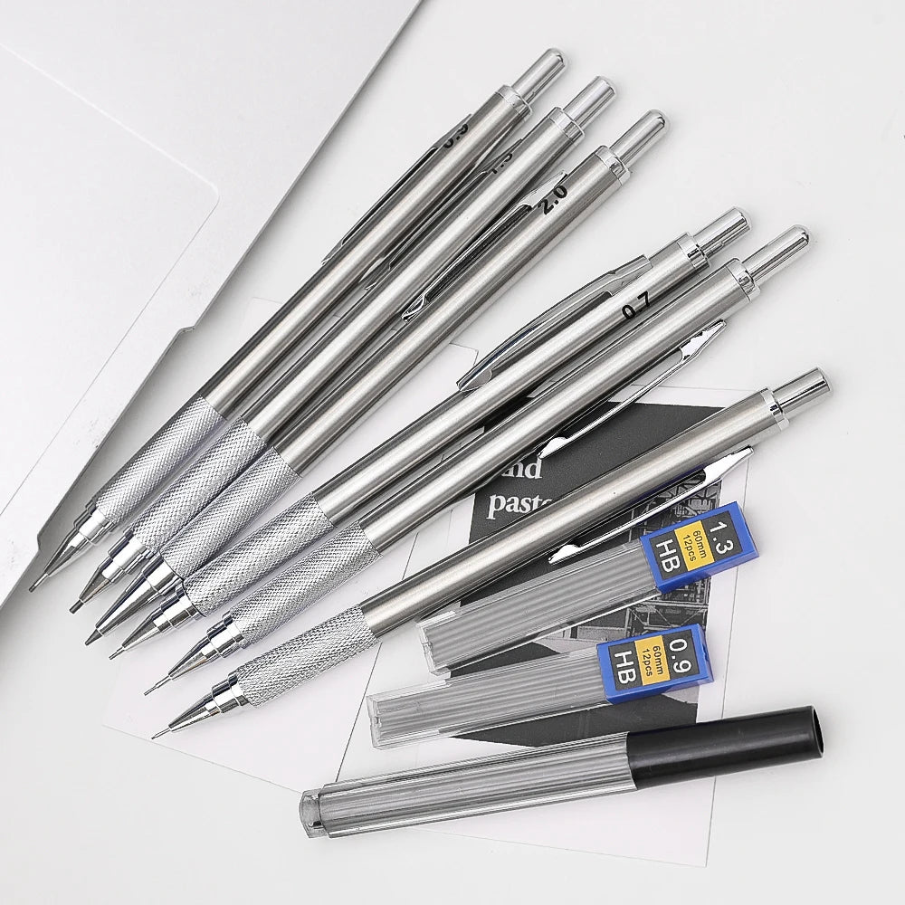 0.5/0.7/0.9/1.3/2.0mm Automatic Pencil Metal Mechanical Pencils Sets With Pencils Grip Leads Art Drawing Student Office Supplies