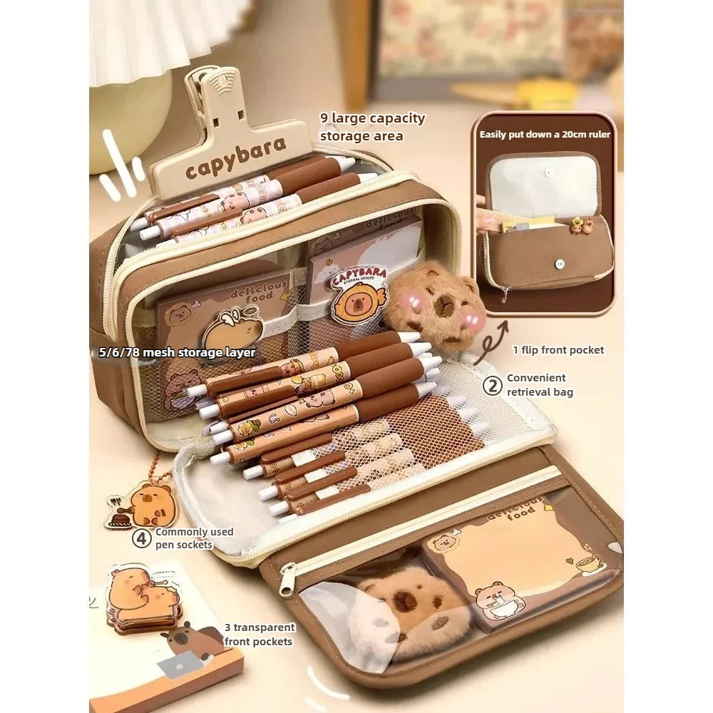 Large Capacity Pencil Bag Capybara Cartoon Canvas Stationery Holder Bag With Brooches stickers clips keychains Children Pen Case