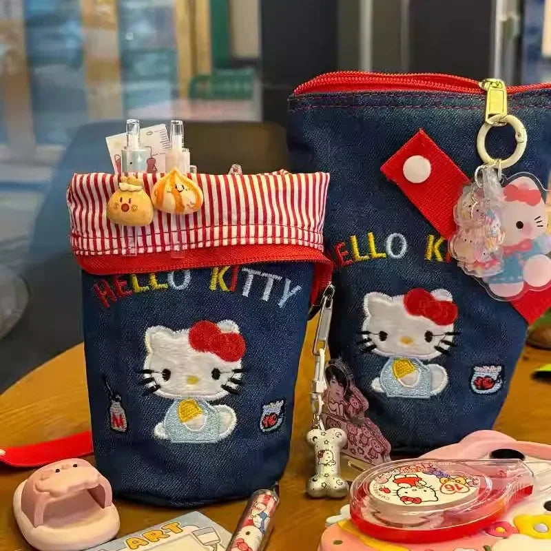 Hello Kitty Embroidery Pen Case Large Capacity Water Bucket Design Foldable Portable Pencil Bag For School College Students