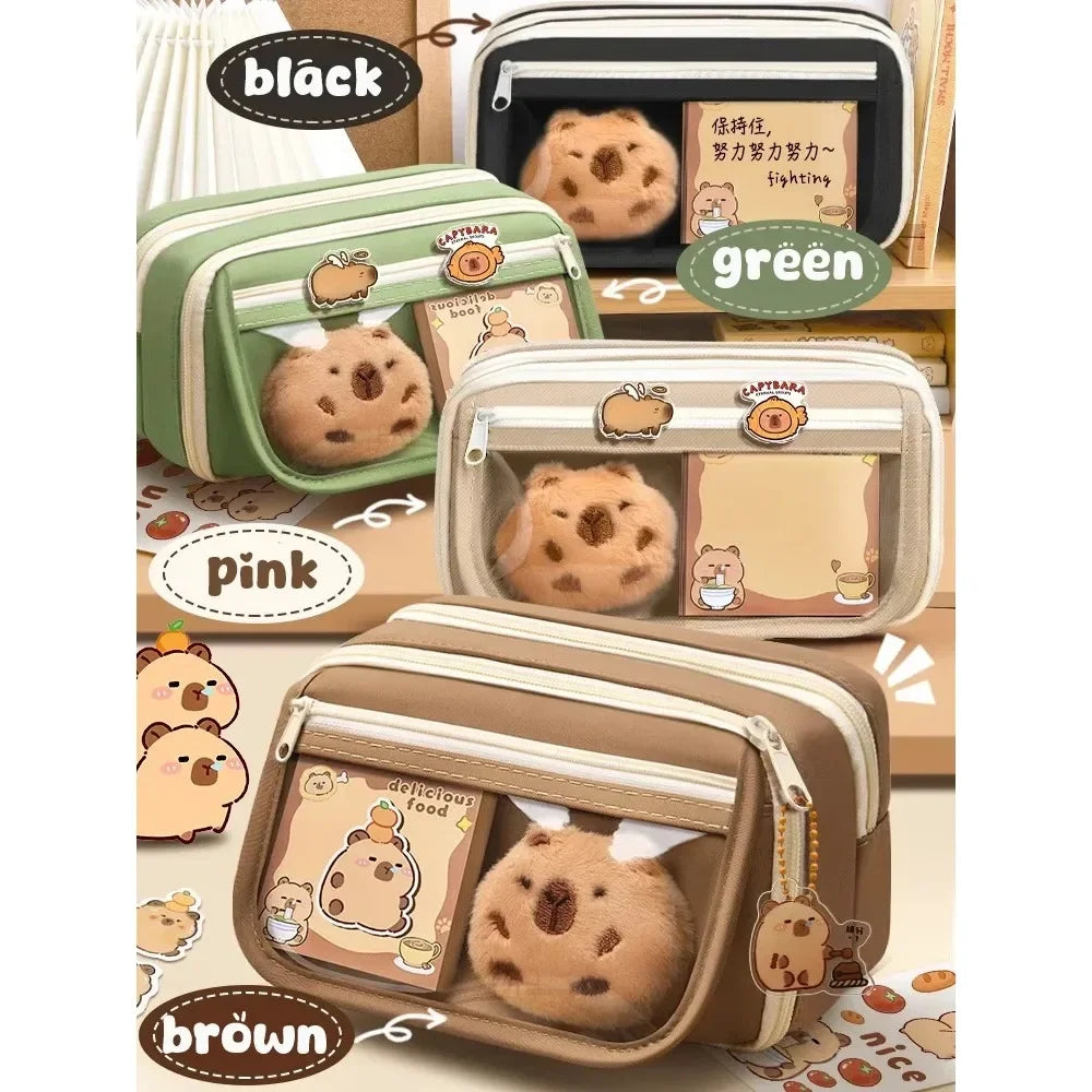 Large Capacity Pencil Bag Capybara Cartoon Canvas Stationery Holder Bag With Brooches stickers clips keychains Children Pen Case