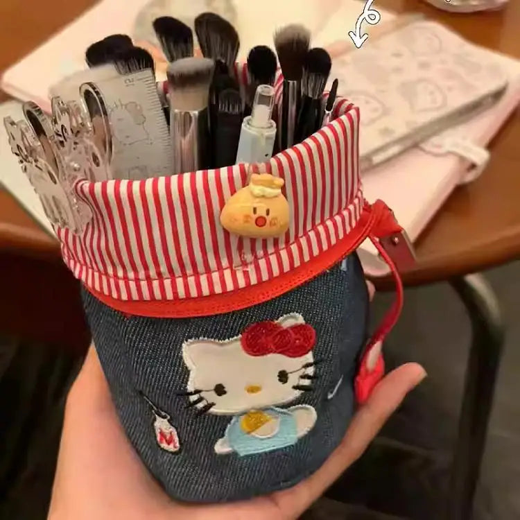 Hello Kitty Embroidery Pen Case Large Capacity Water Bucket Design Foldable Portable Pencil Bag For School College Students