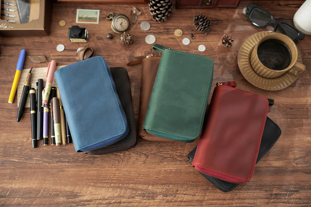 Genuine Leather Fountain Pen Holder Case with Divider, Large Capacity Pencil Pouch Pen Bag for 10 Pens, for Students Stationery