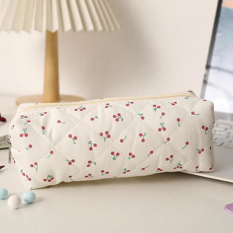 Cute Bow Floral Pen Bag Cherry Pencil Case Portable Large Capacity Student Stationery Storage Bag Girly Cosmetic Bag Gifts