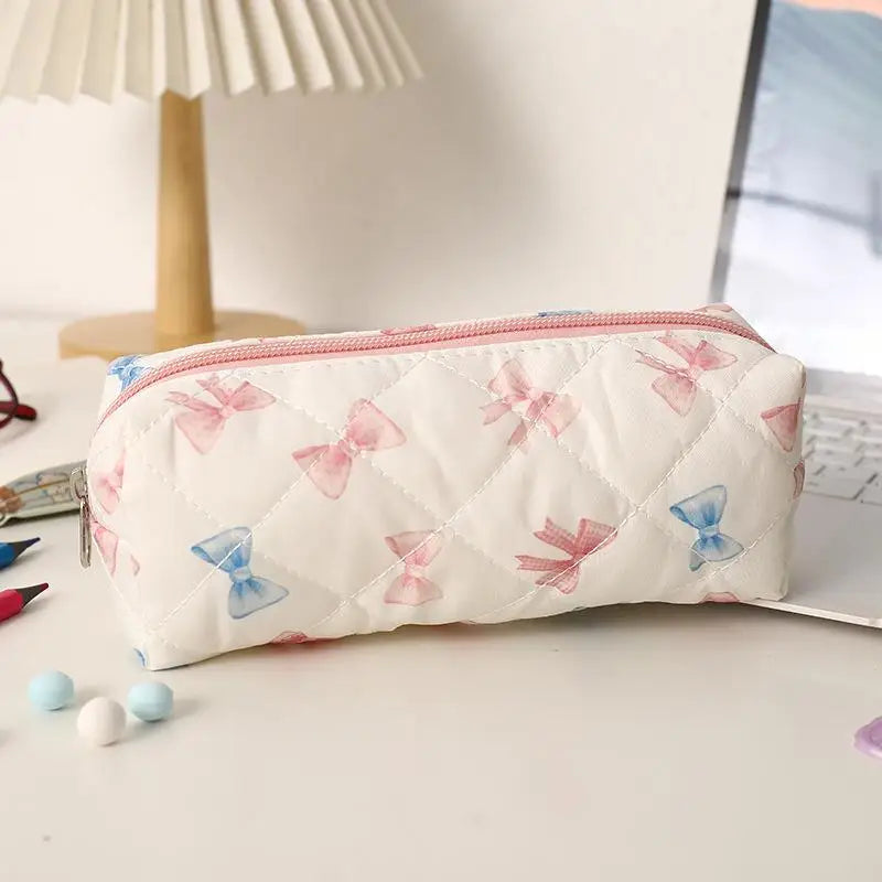 Cute Bow Floral Pen Bag Cherry Pencil Case Portable Large Capacity Student Stationery Storage Bag Girly Cosmetic Bag Gifts