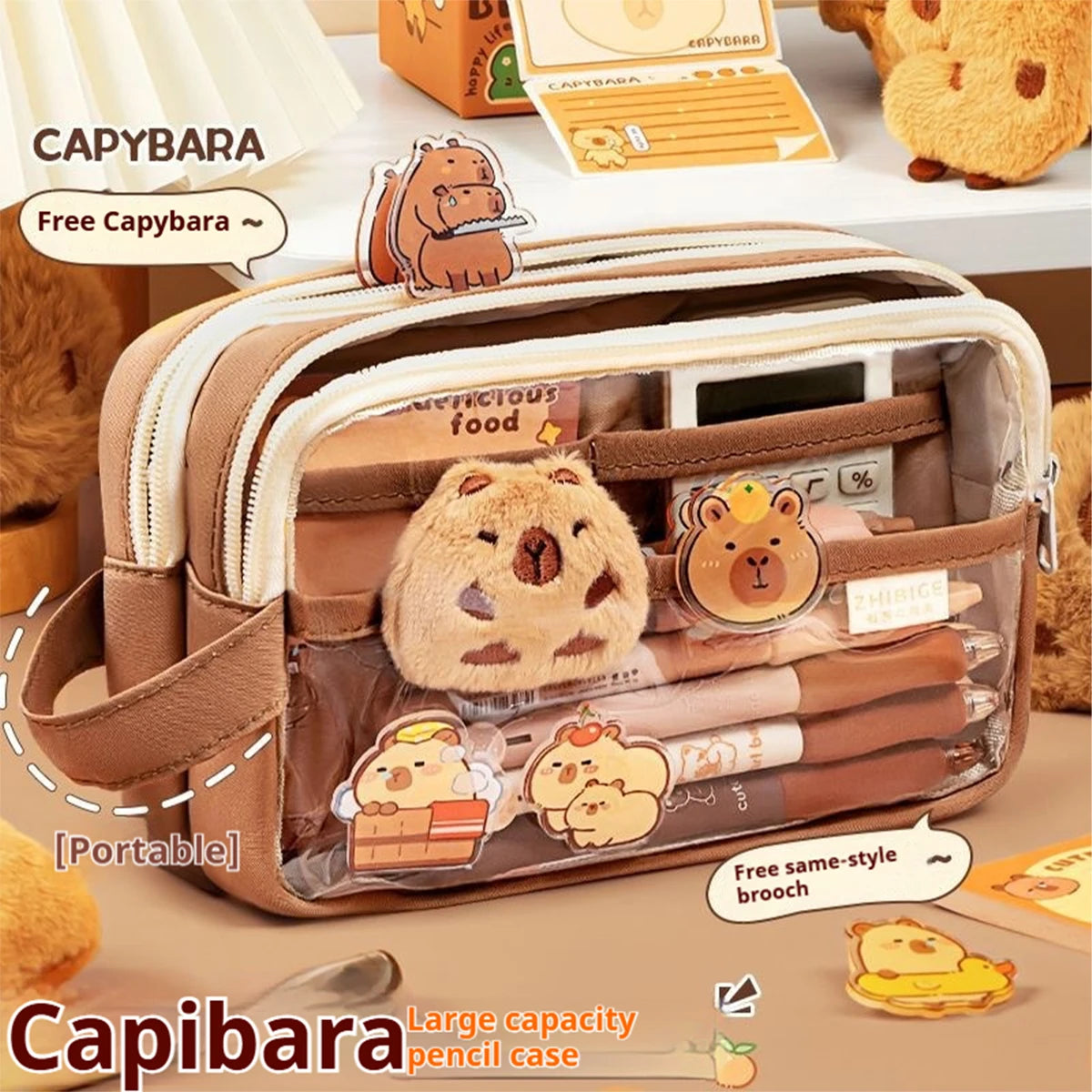 Kawaii Large Capacity Transparent Pencil Pouch with Handle Capybara Portable School Stationery Bag Set for Kids Back to School