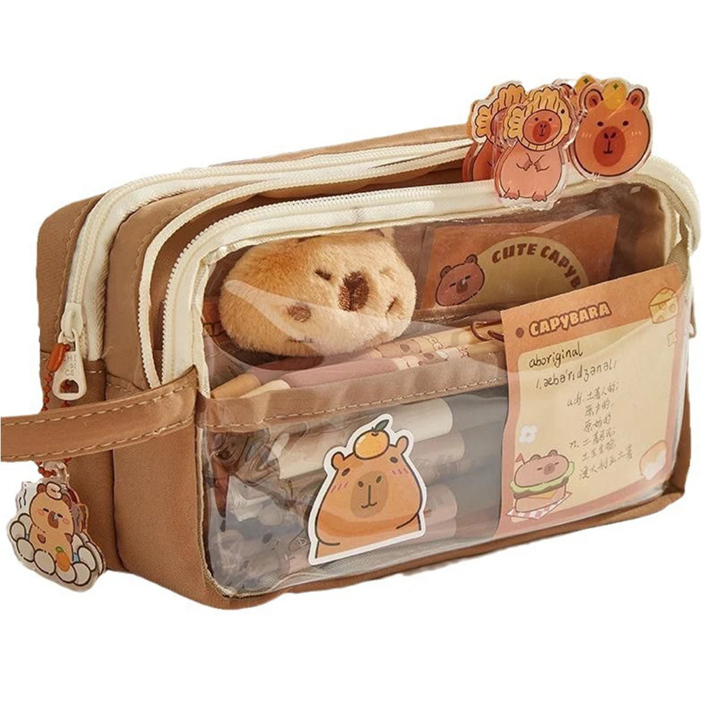 Kawaii Large Capacity Transparent Pencil Pouch with Handle Capybara Portable School Stationery Bag Set for Kids Back to School