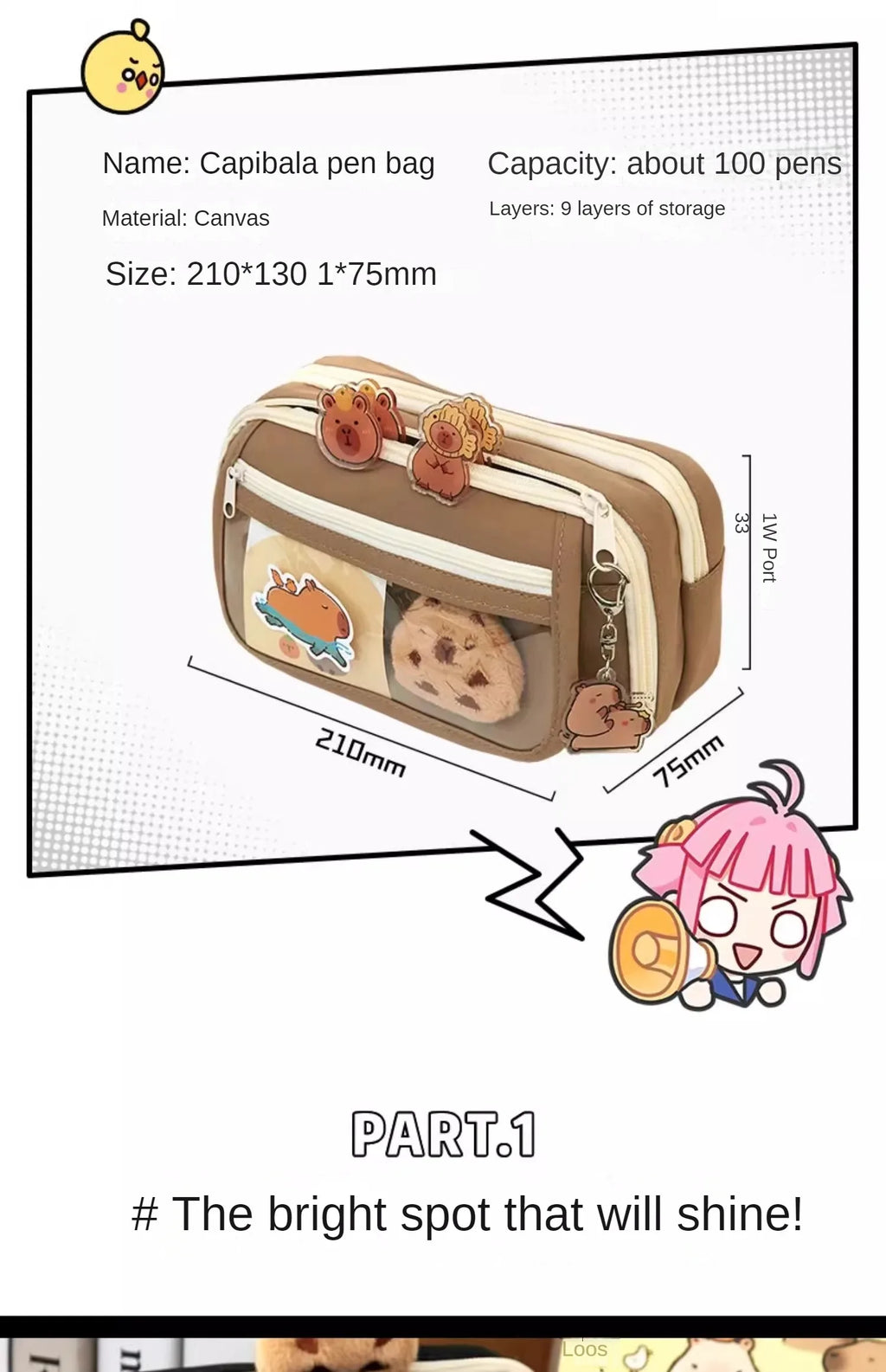 Large Capacity Pencil Bag Capybara Cartoon Canvas Stationery Holder Bag With Brooches stickers clips keychains Children Pen Case